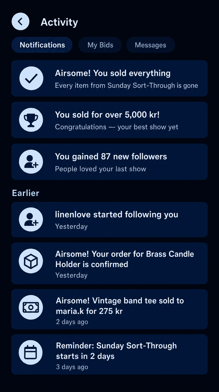 Airvailable's activity feed for a seller: sold everything from a live, crossed 5,000 kr in one show, gained 87 new followers, plus older order-confirmation and sale notifications