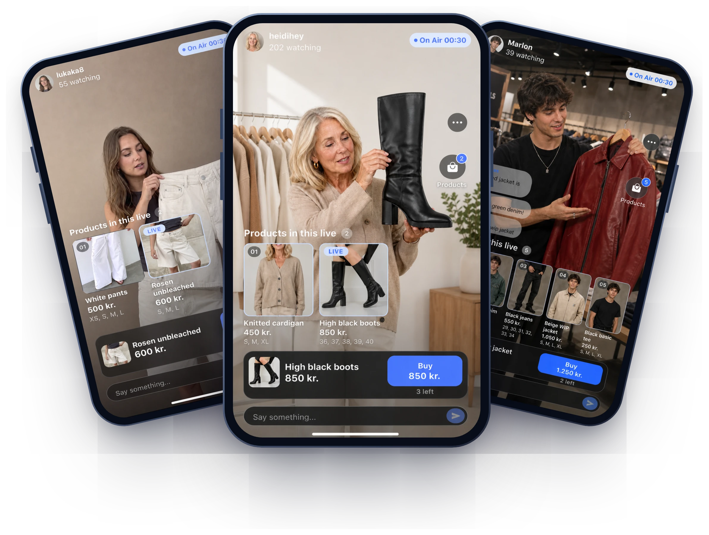 Three phones fanned out, each showing a different live Airvailable show: boots, a pair of pants, and a red leather jacket, with chat and Buy buttons visible on screen